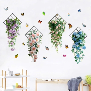 Hanging artificial floral wall decor with colorful butterflies and metal grid frame