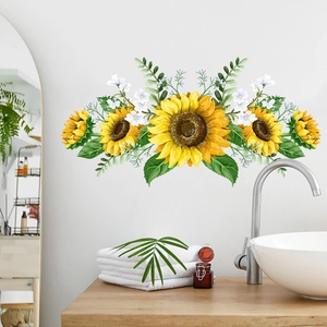 Sunflower and green leaves wall sticker applied in a modern bright bathroom scene