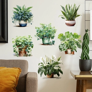 Self-adhesive waterproof wall stickers featuring 6 assorted green potted plants for home decor