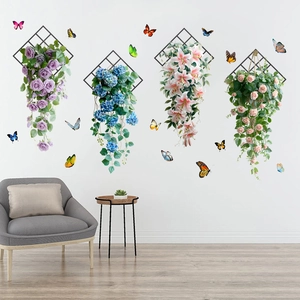 Detailed view of 3D waterproof wall stickers with hanging flower baskets and butterflies