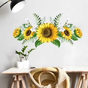 Waterproof sunflower wall decal with green leaves for living room bedroom decor