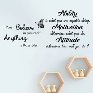 Detail of black PVC wall decals with motivational English quotes and butterfly motifs