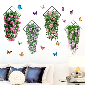 Detail of 3D hanging floral wall stickers with colorful butterflies and hanging baskets