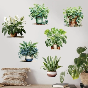 Detailed realistic green potted plant wall stickers set displayed on a grey interior wall