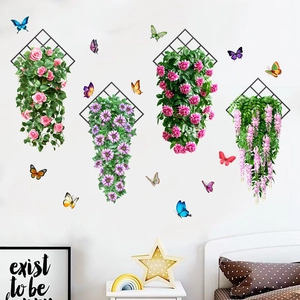 Close-up of pink roses and purple daisies wall stickers with colorful butterflies