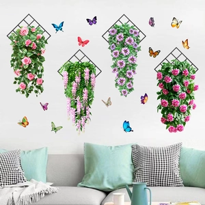 Floral wall stickers featuring hanging baskets with butterflies in a modern living room