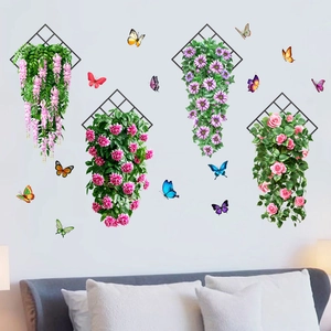 Detail of waterproof 3D floral wall stickers with butterflies and hanging flower baskets