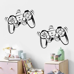 Detail of black joystick game controller wall stickers in a cozy playroom setting
