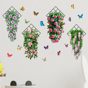 Detail of waterproof wall stickers featuring hanging flower baskets and colorful butterflies