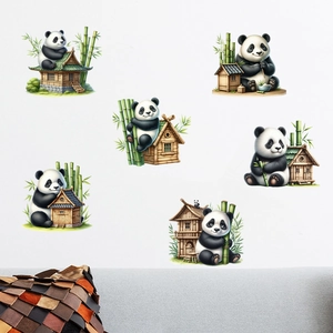 Set of 6 panda and bamboo house wall decals for living room and bedroom decor
