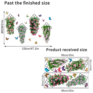 Size detail for waterproof floral vine wall stickers with hanging flower basket pattern