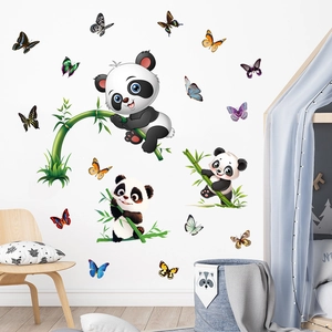 Cartoon panda and butterfly self-adhesive waterproof wall stickers for kids bedroom decor