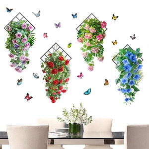 Detail of waterproof wall stickers featuring hanging flower baskets and colorful butterflies