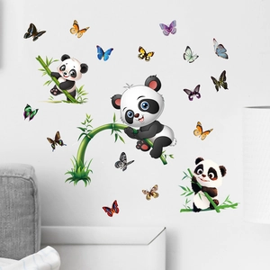 Cartoon panda wall stickers with green bamboo and colorful butterflies for kids' room decor