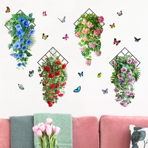 Detail of hanging butterfly floral wall decals with realistic flower baskets and vines
