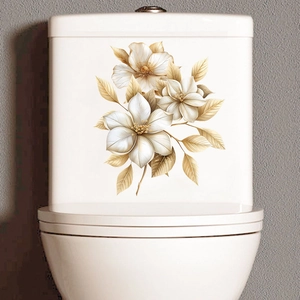 Floral waterproof wall sticker with white flowers and gold leaves on bathroom tank