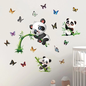 Detailed view of panda and bamboo wall stickers with colorful butterflies for nursery