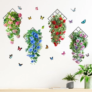 Detail of colorful floral wall stickers with butterflies and black diamond metal frames