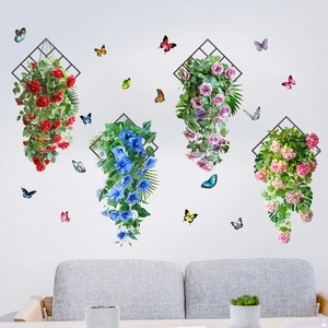 Floral wall stickers featuring 3D butterflies and roses in diamond-shaped frames