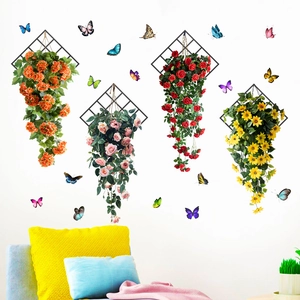 Hanging floral wall art sets featuring colorful artificial flowers on black diamond grids
