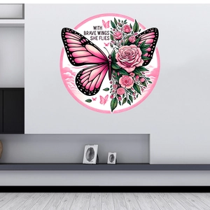 Detail of round floral butterfly wall sticker with With Brave Wings She Flies slogan