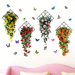 Hanging wall stickers featuring butterflies and flowers with black diamond metal grids
