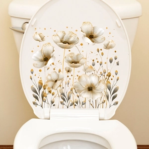 Detail of elegant gold flower and leaf decals on white waterproof bathroom toilet stickers
