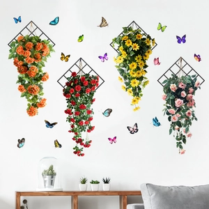 Vibrant hanging artificial flower set with metal grids and butterfly wall stickers