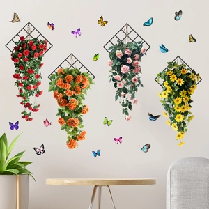 Detail of waterproof wall stickers showing floral hanging baskets and colorful butterflies