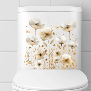 Elegant white poppies and golden butterfly waterproof wall stickers for bathroom decor