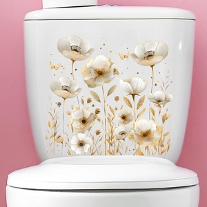 Detail of white flower and golden butterfly waterproof self-adhesive toilet wall stickers
