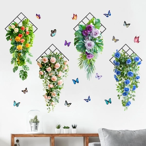 Floral wall stickers set with 3D butterflies and green plants for living room decor