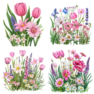 Waterproof self-adhesive wall stickers with pink tulips and spring floral illustrations