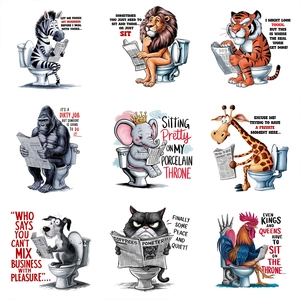 Waterproof wall stickers featuring 9 funny animals reading newspapers on the toilet