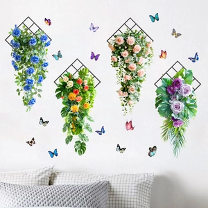 Detailed view of artificial flowers on black diamond mesh grid wall stickers for home decor