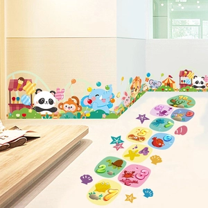 Detailed view of colorful hopscotch floor stickers with numbers and cartoon ocean animals