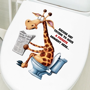 Funny giraffe reading newspaper toilet lid sticker with waterproof PVC humorous design