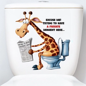 Waterproof PVC wall sticker featuring a funny cartoon giraffe reading a newspaper on a toilet