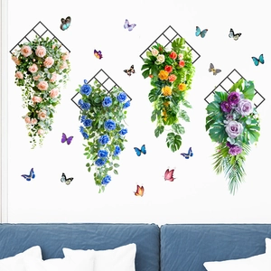 Detail of 3D floral hanging basket wall stickers with colorful butterflies on white wall