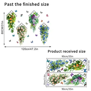 Size guide for self-adhesive floral butterfly wall stickers with measurements
