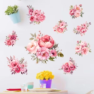 Sticker Mural en PVC Fleur de Pivoine Rose Aquarelle Minimaliste Moderne Étanche Autocollant Décoration Pour Salon