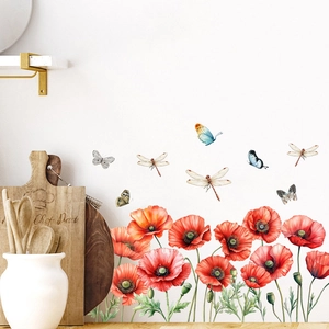 Self-adhesive poppy flower wall stickers with butterfly and dragonfly for home decor