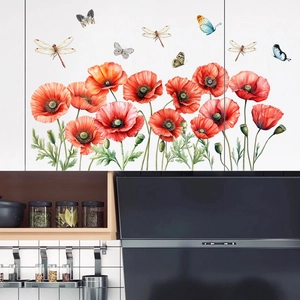 Poppy flowers wall stickers with butterflies and dragonflies for kitchen home decor