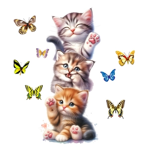 Détail de trois adorables chatons avec papillons colorés stickers muraux pour enfants
