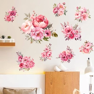 Stickers muraux pivoines roses imperméables au style aquarelle pour décorer la maison
