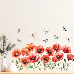 Detail of waterproof wall stickers featuring red poppies, butterflies, and dragonflies
