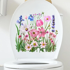Floral toilet seat decal with pink cosmos and red tulips on a white background