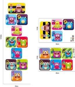 Detailed floor layout showing 1950cm hopscotch stickers with cartoon monsters and numbers