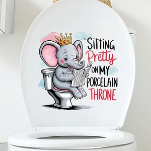 Detail of waterproof toilet sticker featuring a cartoon elephant sitting on a porcelain throne