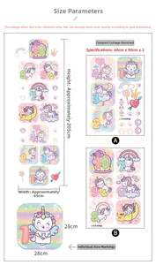Size chart for unicorn hopscotch floor decals showing 205x65cm DIY layout dimensions